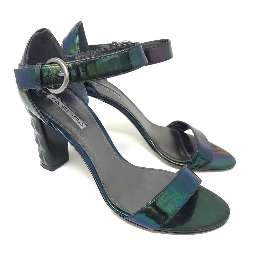 Via Spiga Womens 9.5 Sandals Iridescent Green Geometric Block Heel Ankle Strap
